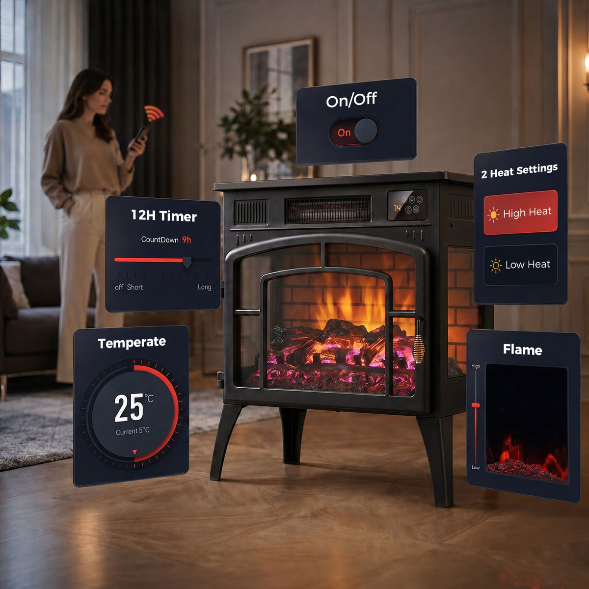 Black electric fireplace stove with three-sided glass and flame display
