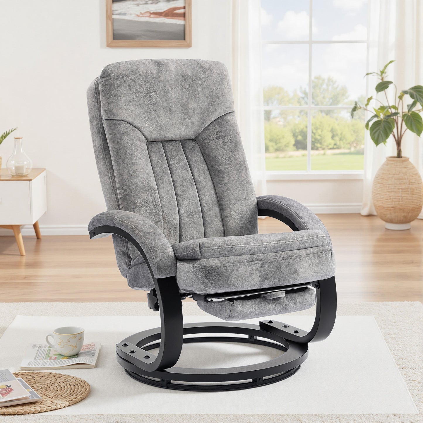 HOMCOM Swivel Recliner Chair With Footrest Manual Recliner Armchair Wooden Base Grey For Living Room