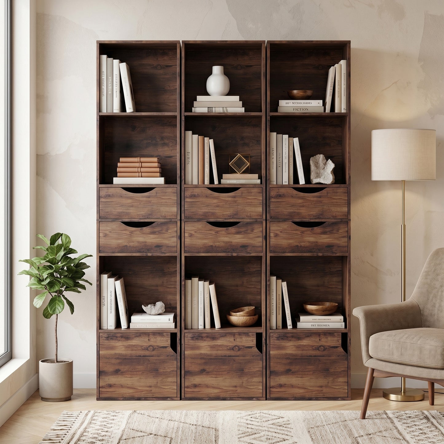 HOMCOM Rustic Brown Bookcase With Two Drawers And Cabinet, Adjustable Shelves, 158 Cm Tall