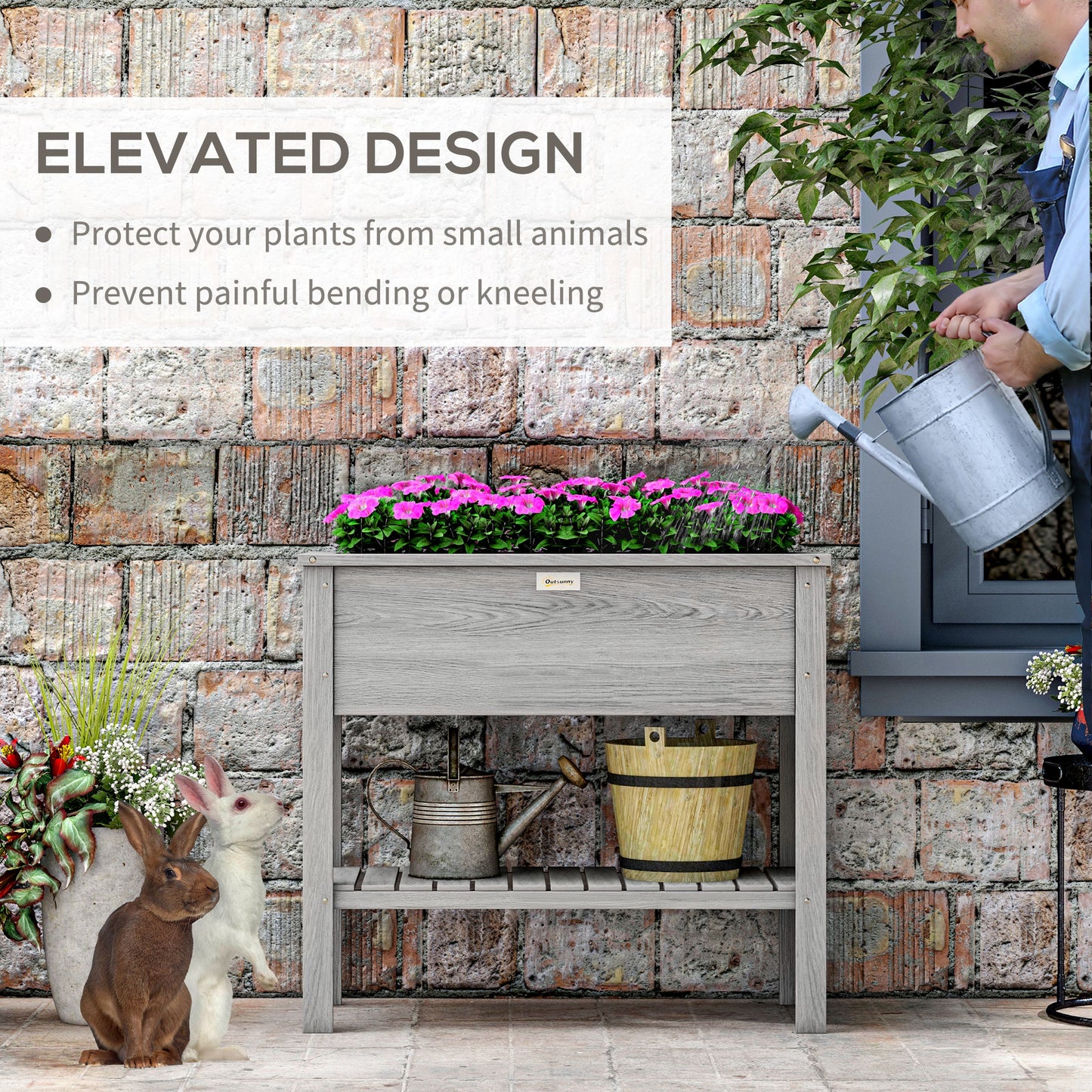 Outsunny Wooden Raised Garden Bed With Storage Shelf And Drainage Holes Elevated Planter Box On Legs Grey