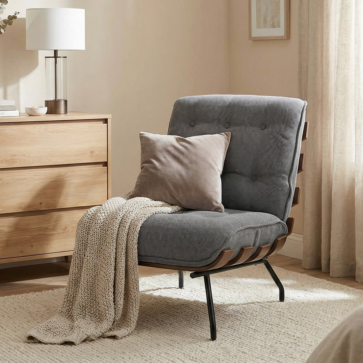 HOMCOM Accent Chair Linen Look Fabric Reading Chair With Pocket Spring Cushions Slatted Support Steel Frame Dark Grey