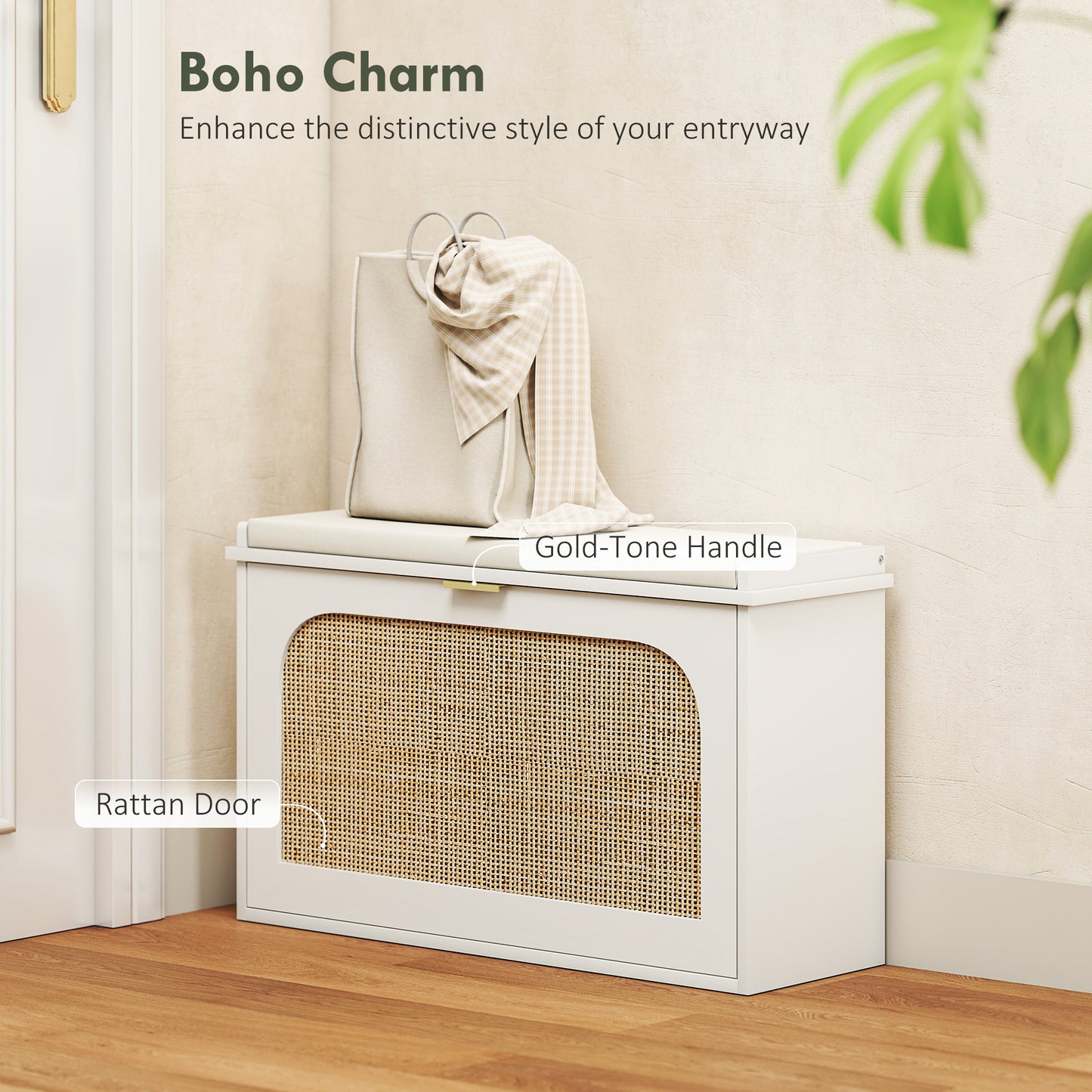 HOMCOM Boho Style Shoe Bench With Padded Seat And Flip Drawer White For Entryway Organization