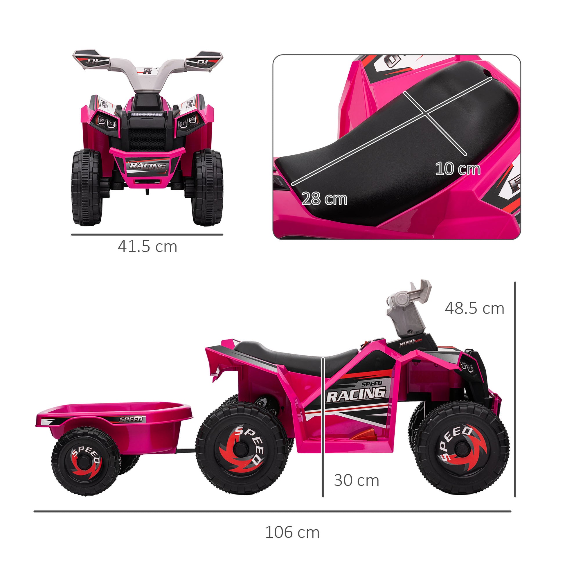 HOMCOM 6V Pink Quad Bike with Back Trailer, Wear-Resistant Wheels for Ages 18-36 Months - ALL4U RETAILER LTD