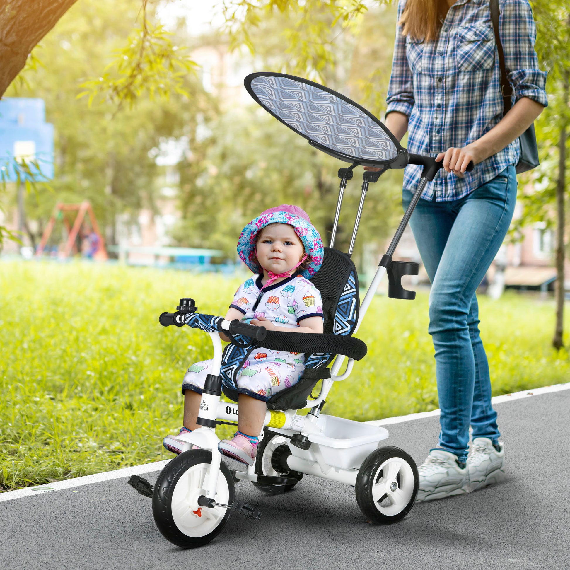 HOMCOM Qaba 4-in-1 Kids Tricycle with Safety Harness and Removable Canopy, Blue - ALL4U RETAILER LTD