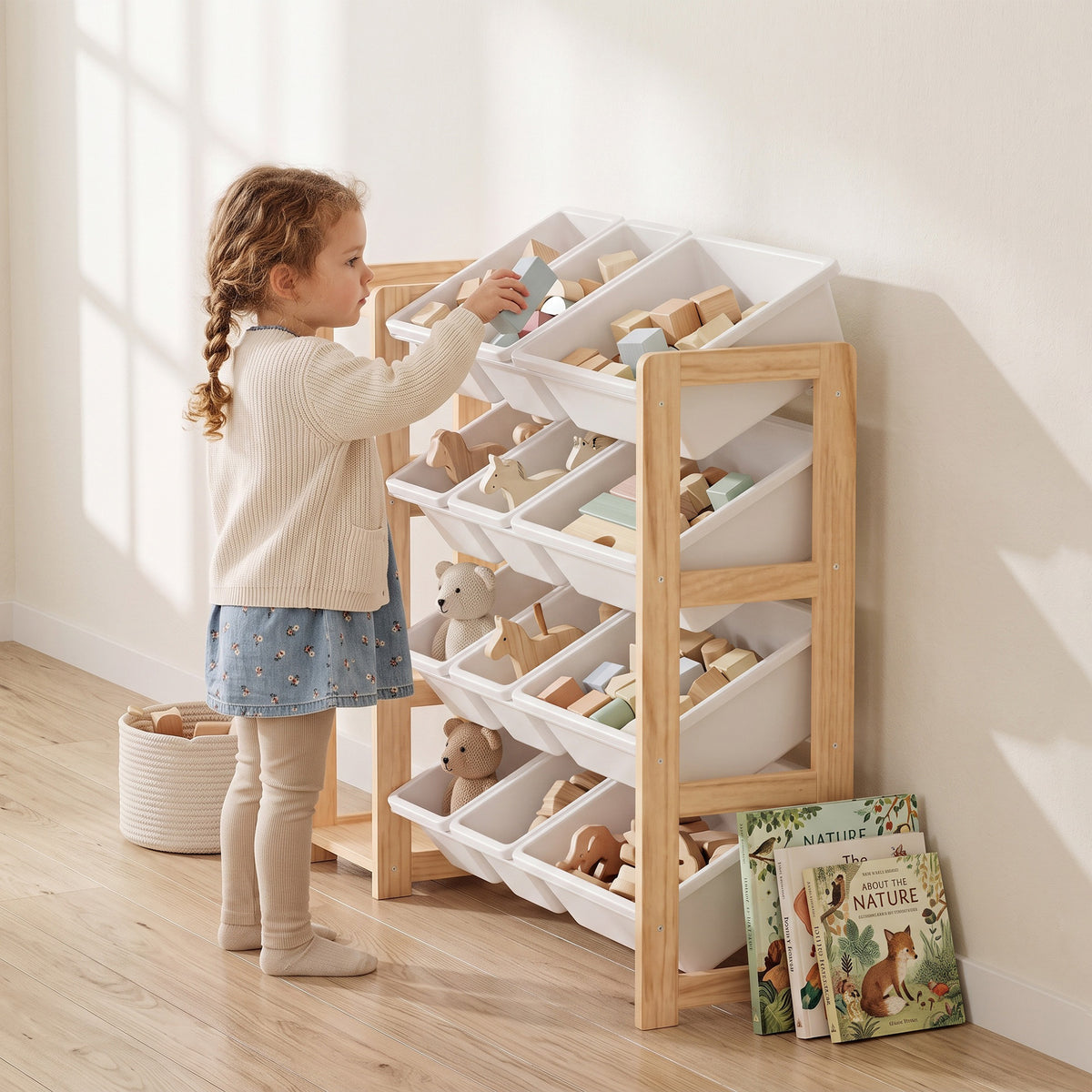 Kids toy storage organizer with pine wood frame and 12 white bin shelves