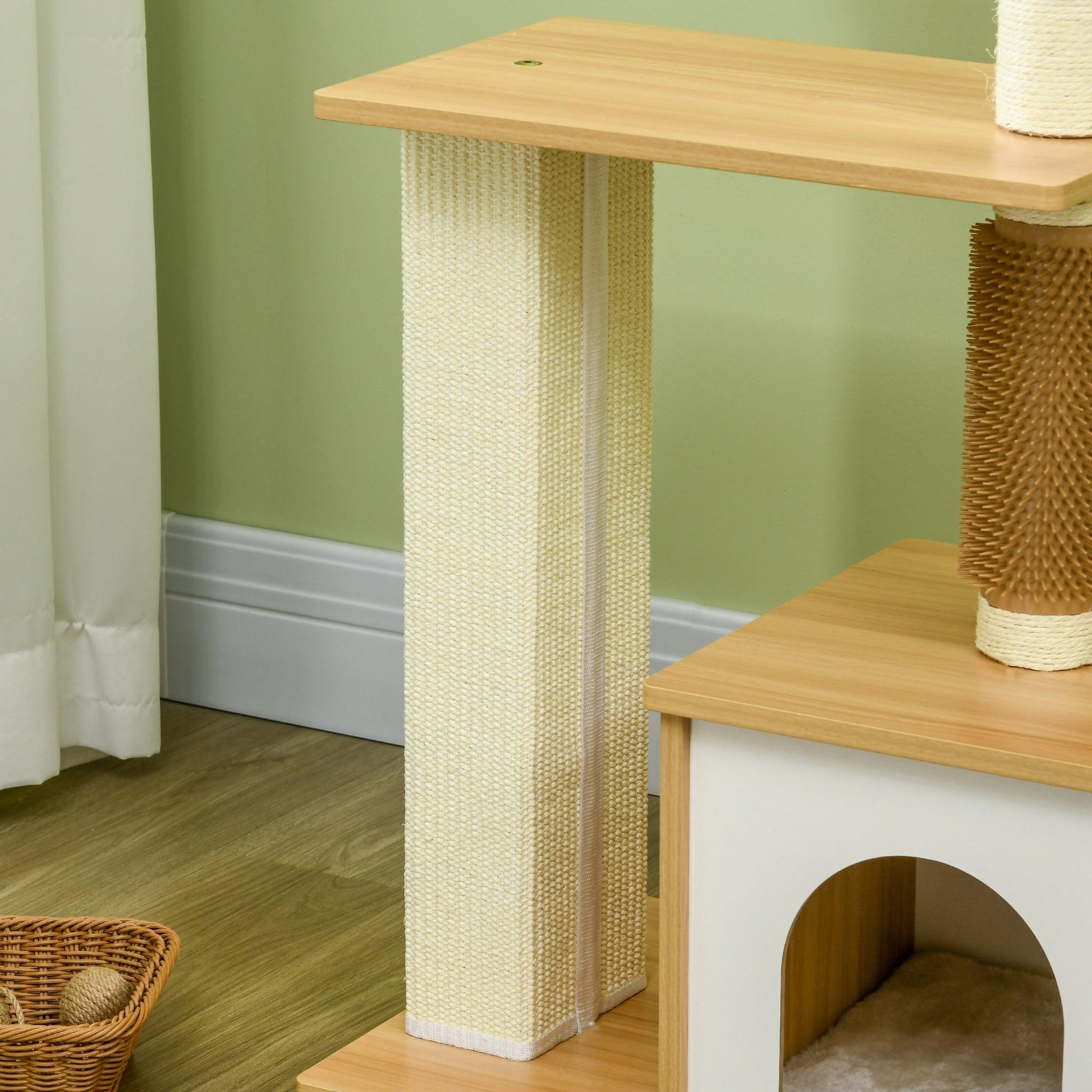 PawHut Cat Tree with Scratching Posts, Cat House, Cat Bed, Perches, 59.5 x 39.5 x 114 cm, Oak Tone - ALL4U RETAILER LTD