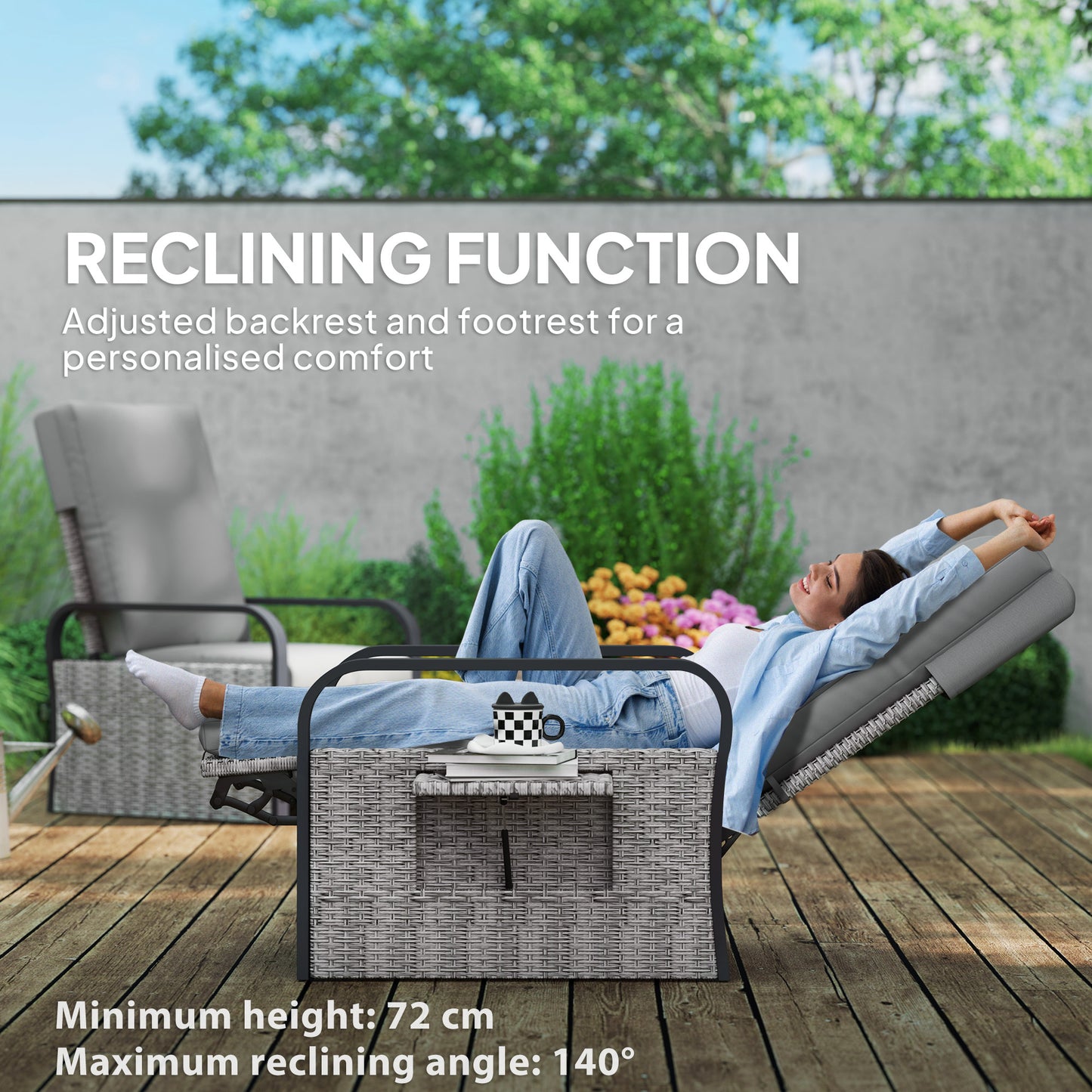 Outsunny 140 Degree Reclining Rattan Armchair With Adjustable Back And Footrest In Mixed Grey Cushioned Lounge Chair