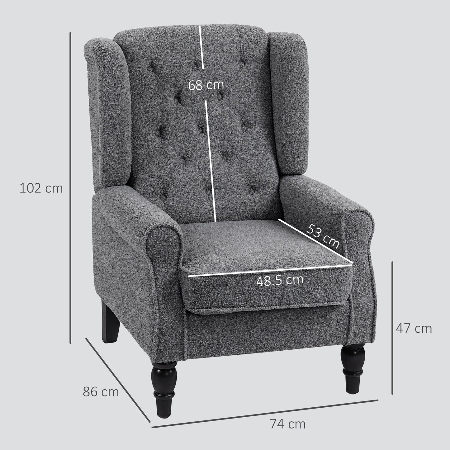 HOMCOM Teddy Fleece Retro Wingback Chair Grey With Tufted Backrest Supports Up To 160kg And Solid Wood Frame