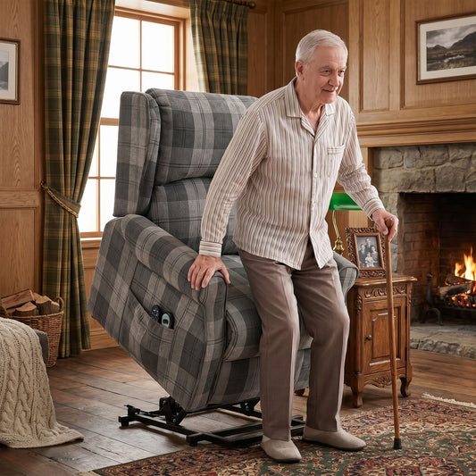 Grey plaid power lift recliner chair with footrest and side storage pocket, open position