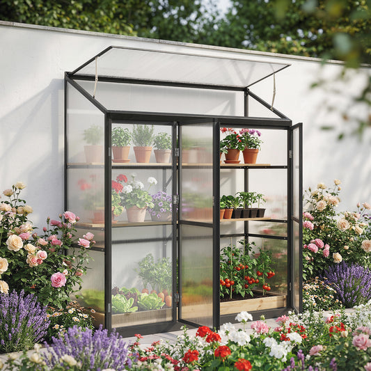 Outsunny Polycarbonate Greenhouse With Three Hinged Doors Top Vent Lean To Walk In 6 X 1.5ft Black