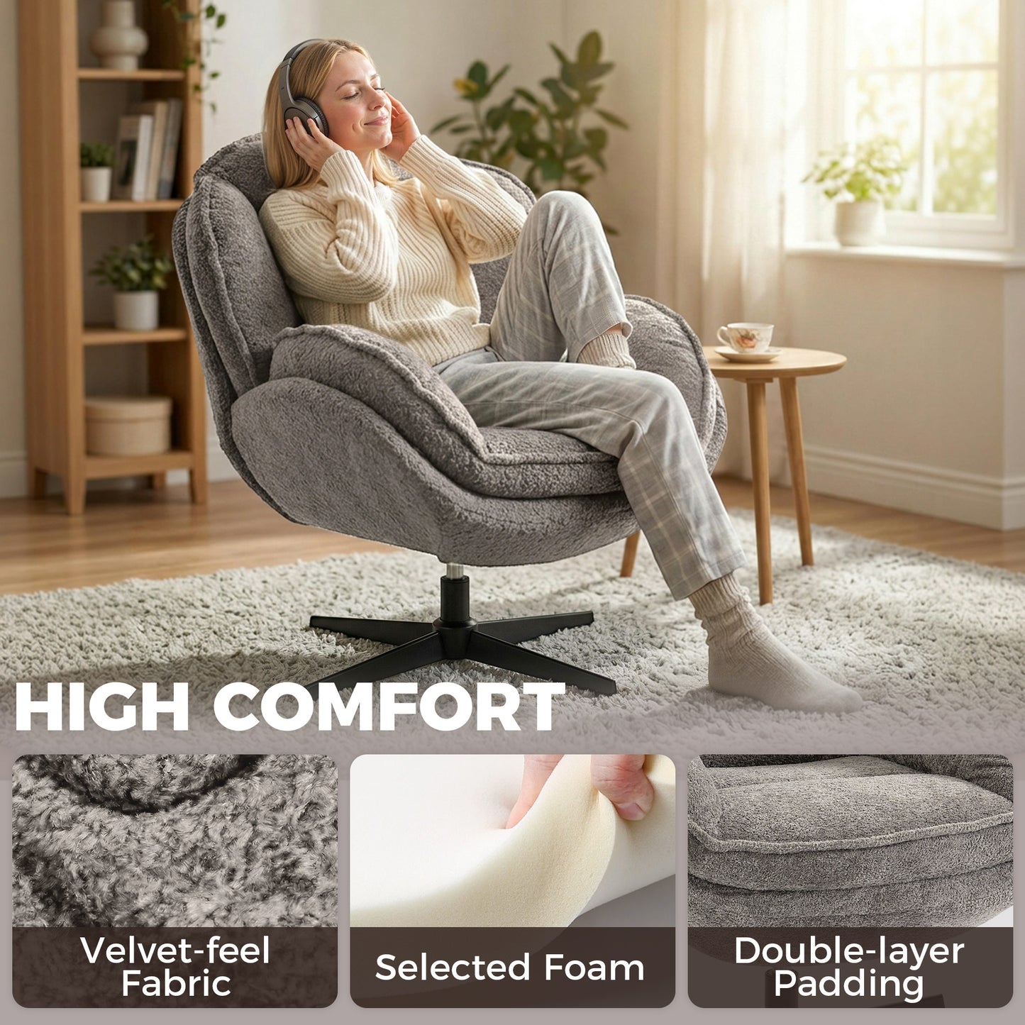HOMCOM Modern Wingback Velvet Accent Chair with Swivel and Four Star Base in Grey