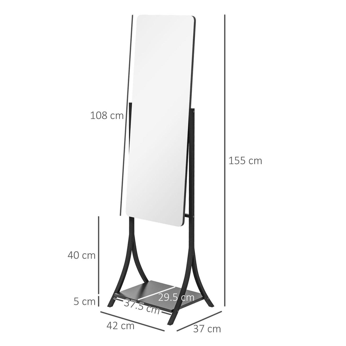 HOMCOM Freestanding Full Length Mirror Adjustable Full Body Mirror w/ Shelf - ALL4U RETAILER LTD