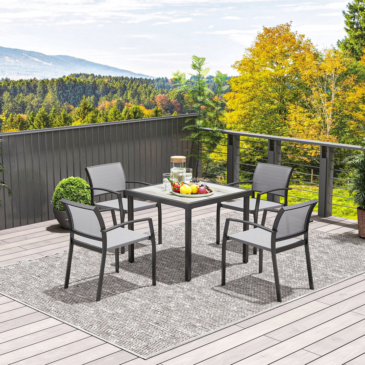 Outsunny Five Piece Outdoor Garden Dining Set With Texteline Chairs Four Stackable In Grey