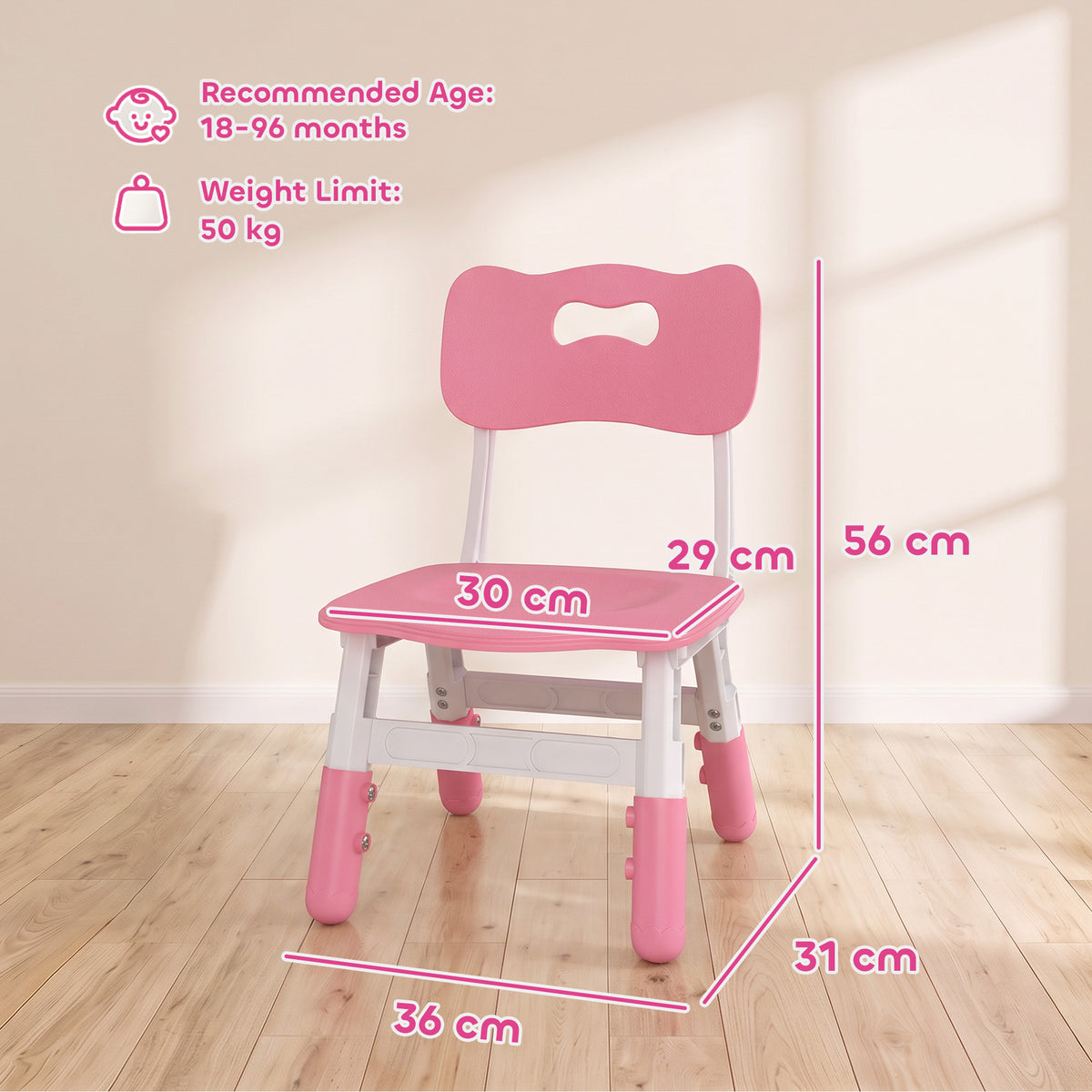 Pink kids chair with white frame; seat and backrest dimensions shown on product view.