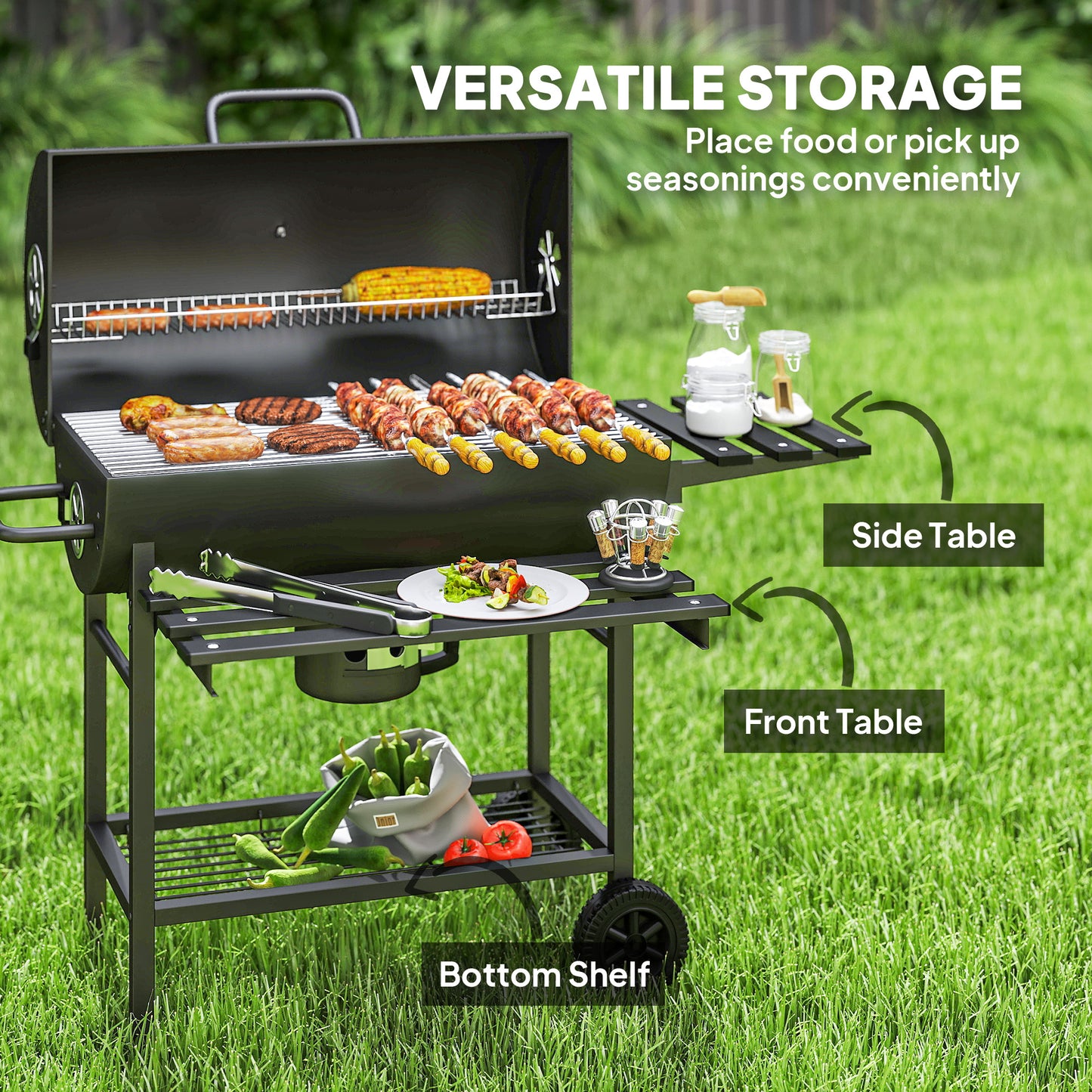 Outsunny Charcoal BBQ Grill With Foldable Front Shelf And Wheels Smoker With Warming Rack Temp Gauge And Lid Black