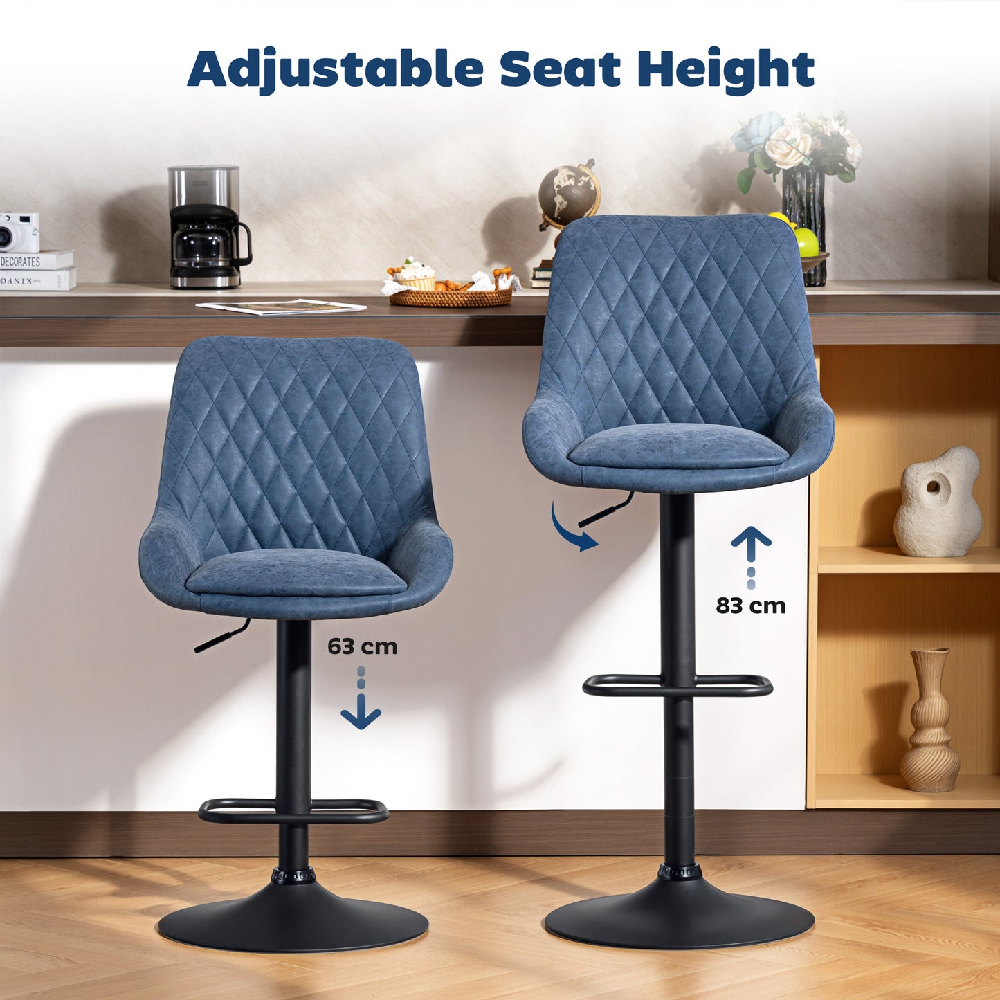 HOMCOM Set of Two Faux Leather Retro Bar Stools With Adjustable Height 63 to 83 Cm Metal Base Dark Blue