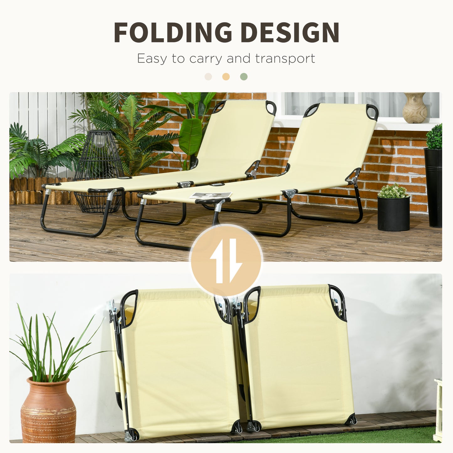 Outsunny Set of Two Metal Frame Folding Sun Loungers Beige With Five Position Reclining Backrest