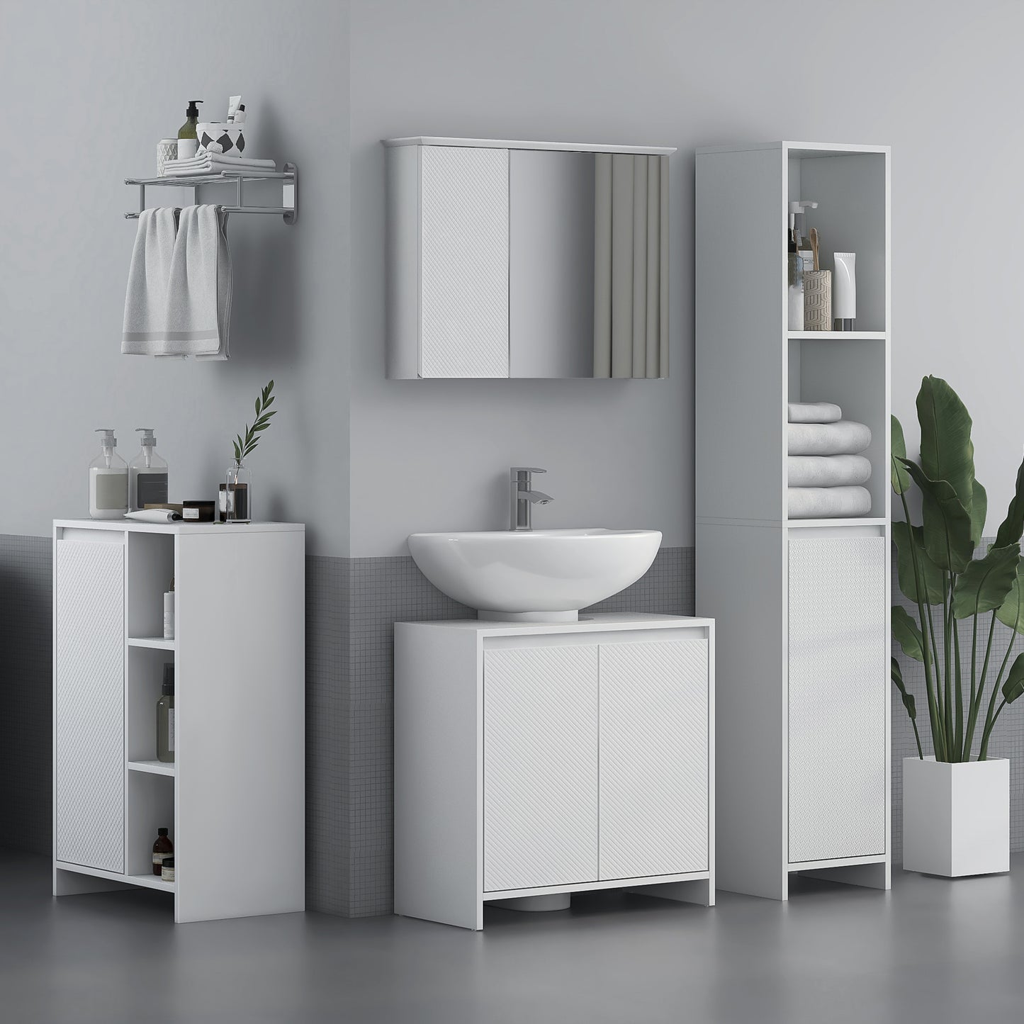 HOMCOM Narrow Tall Bathroom Cabinet White Slim Freestanding Storage Cupboard With Two Open Compartments And Inner Shelf