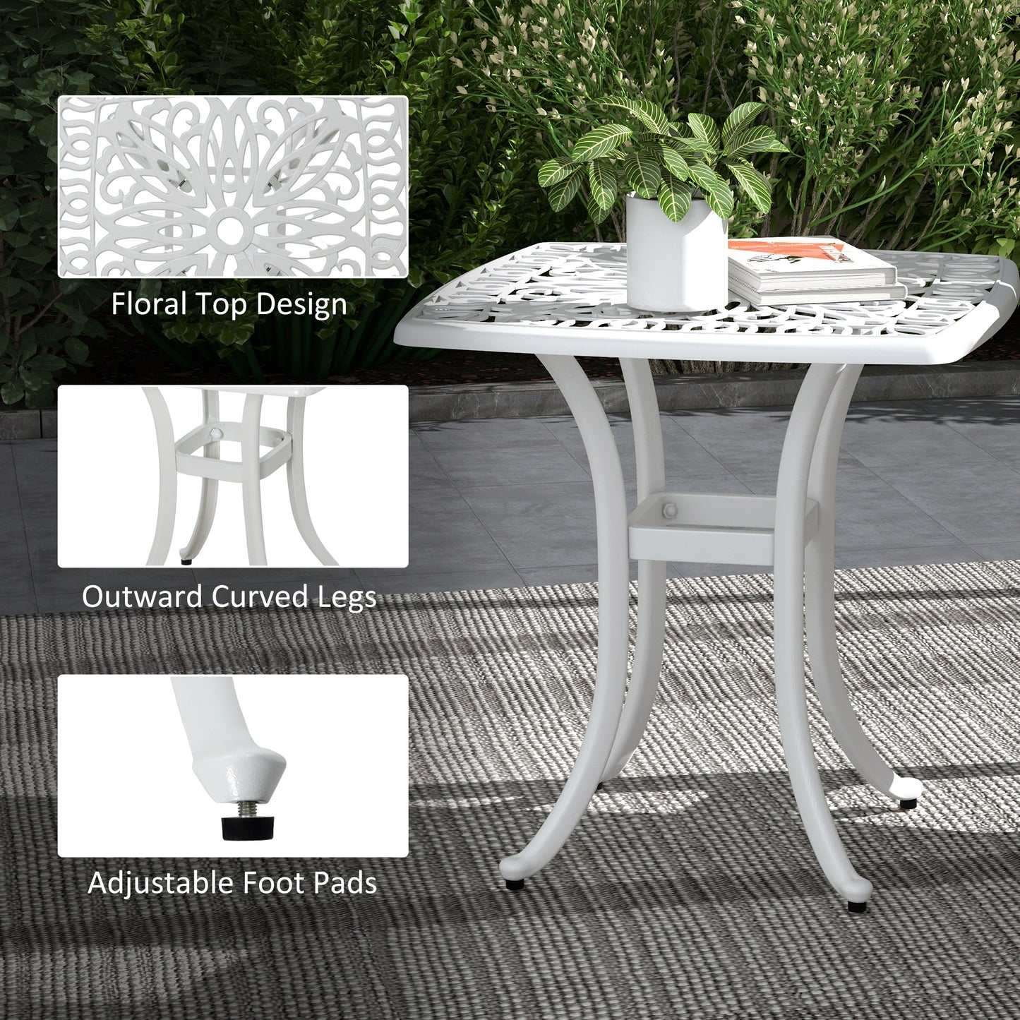 Outsunny Cast Aluminium Bistro Table With Floral Cutout Top And Umbrella Hole Outdoor Square Garden Side Table White