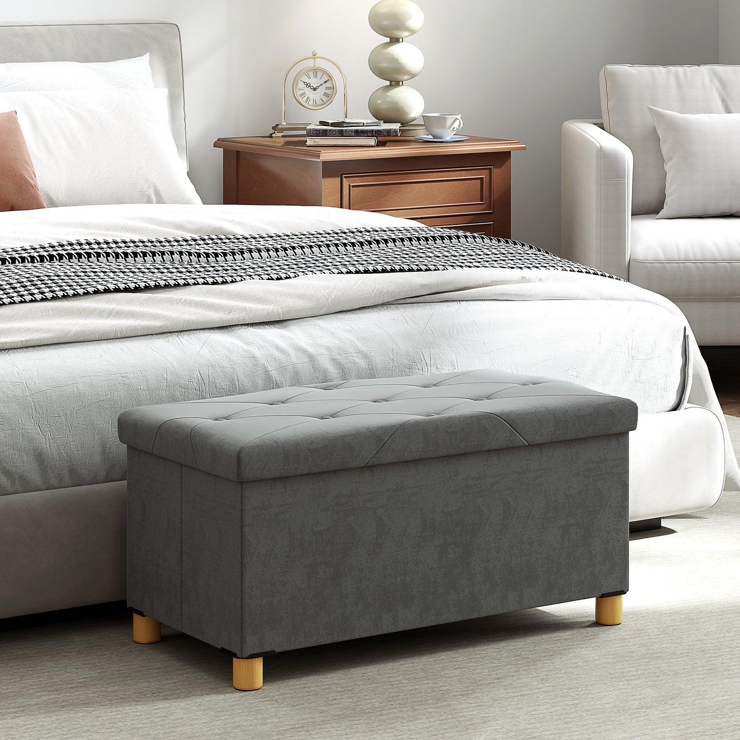 Velvet Upholstered Foldable Storage Ottoman Footrest With Wooden Legs For Living Room Grey