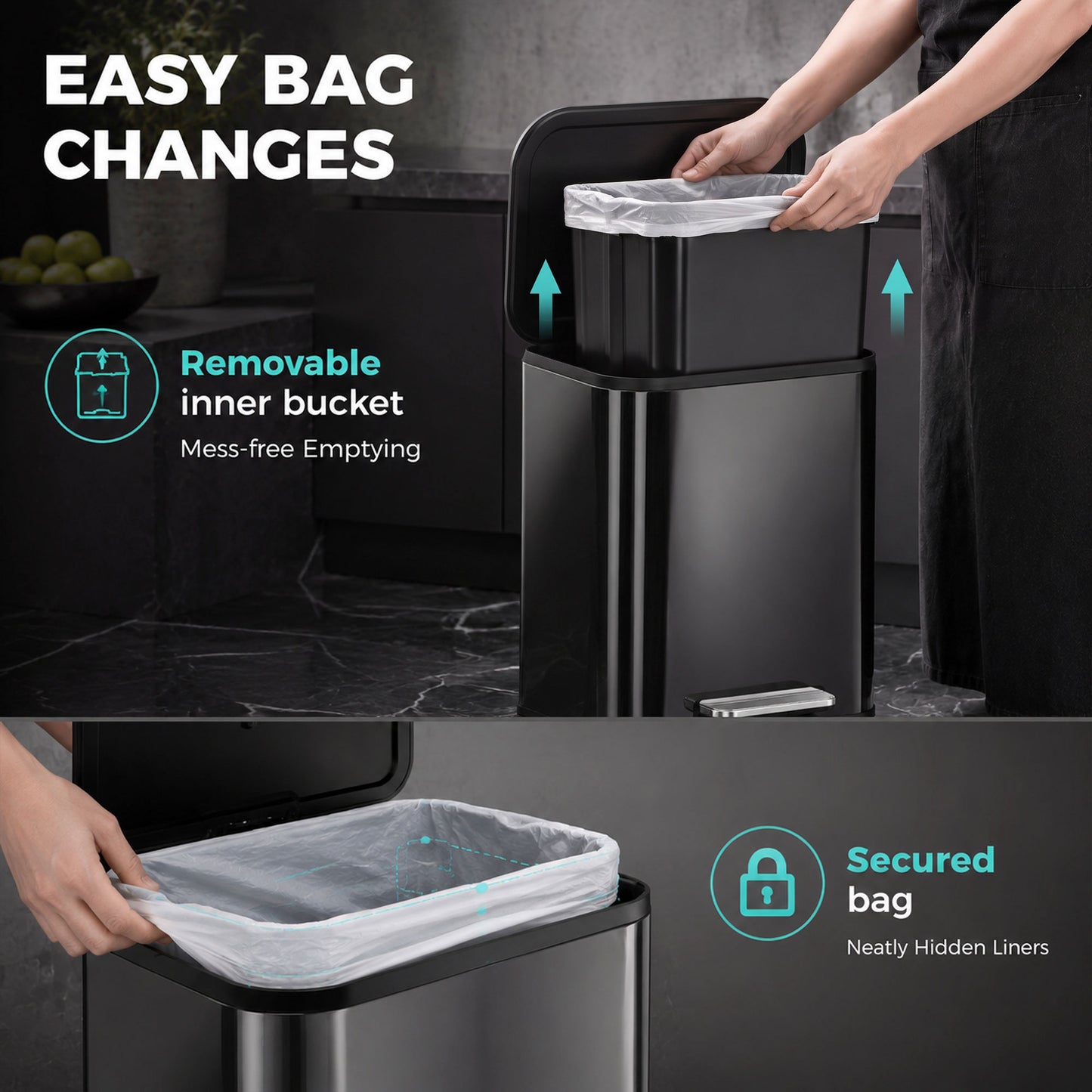 HOMCOM 50L Metal Kitchen Pedal Bin With Soft Close And Removable Bucket