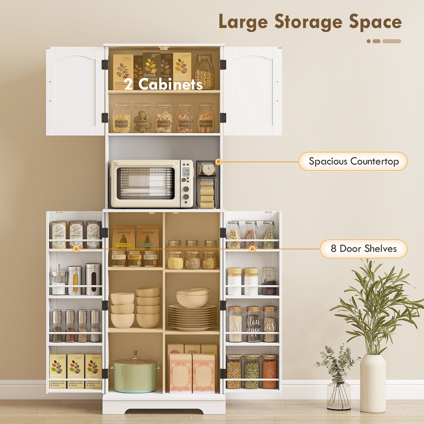 HOMCOM 181.5 cm Freestanding Storage Cabinet Tall Kitchen Cupboard With Adjustable Shelves And 8 Door Spice Racks White