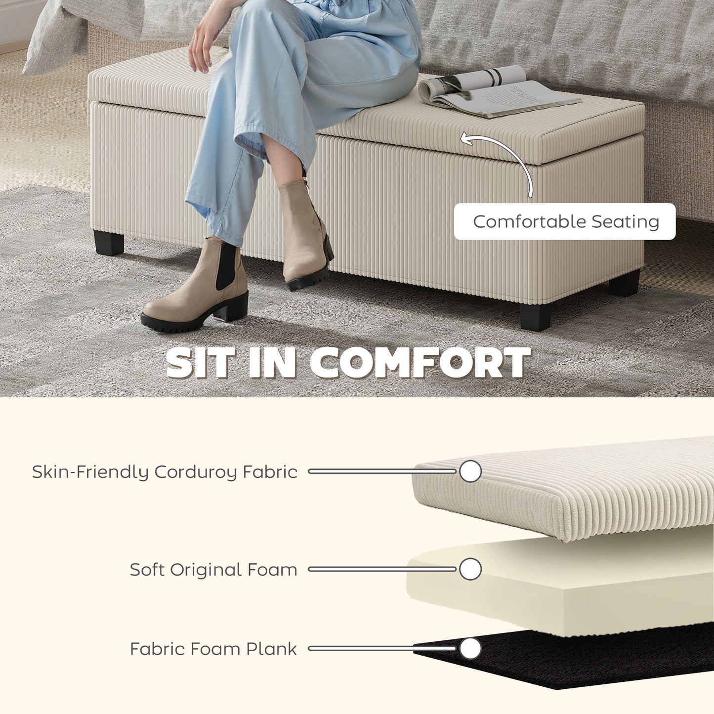 HOMCOM Corduroy Storage Ottoman Bench With Wooden Legs 112cm Bed End Bench Beige For Living Room Bedroom