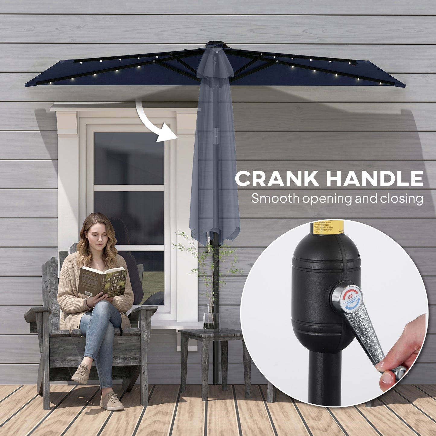 Outsunny 2.6m Half Garden Parasol With Solar LED Lights UPF50 Umbrella Semi Round Tilt 30 Degree Crank Handle Dark Blue