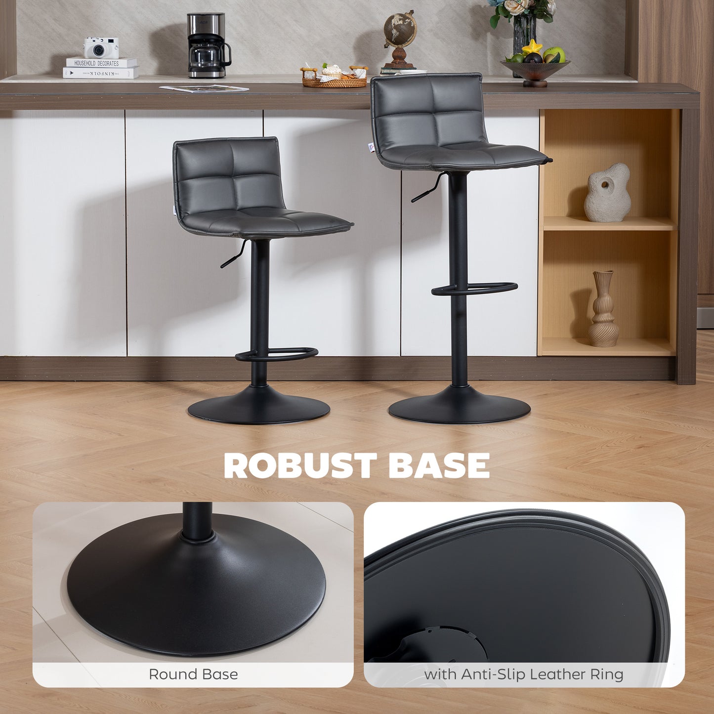 HOMCOM Set of Two Modern Faux Leather Bar Stools with Gas Lift and 360 Degree Swivel Dark Grey