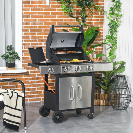Outsunny 3+1 Burner Gas Barbecue Grill with Smoker, Side Burner, Warming Rack, Side Shelves, Storage Cabinet, Piezo Ignition, Thermometer - Stainless Steel and Metal BBQ Trolley for Garden - ALL4U RETAILER LTD