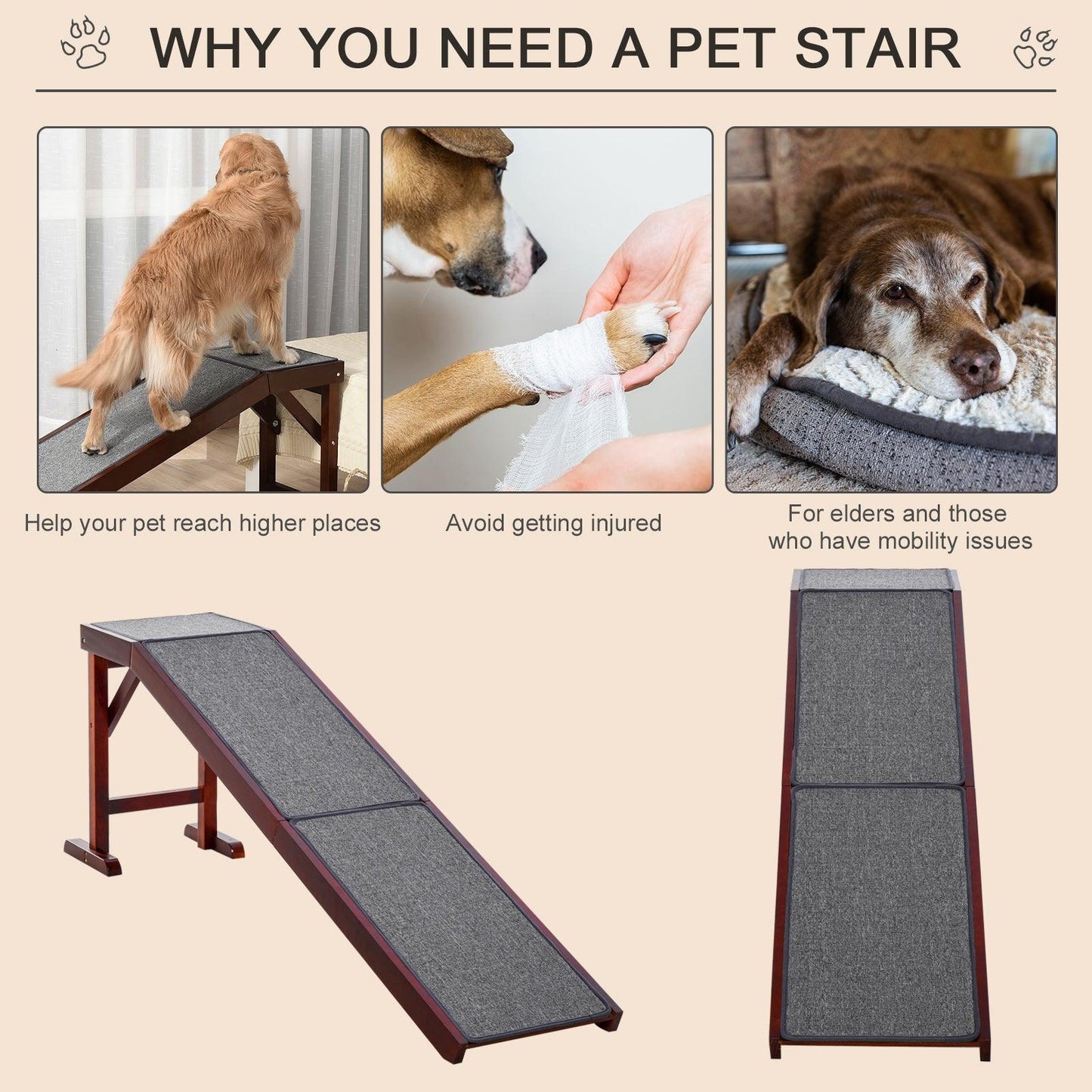 PawHut Dog Ramp: Non-slip, Carpeted, Pine Wood - ALL4U RETAILER LTD