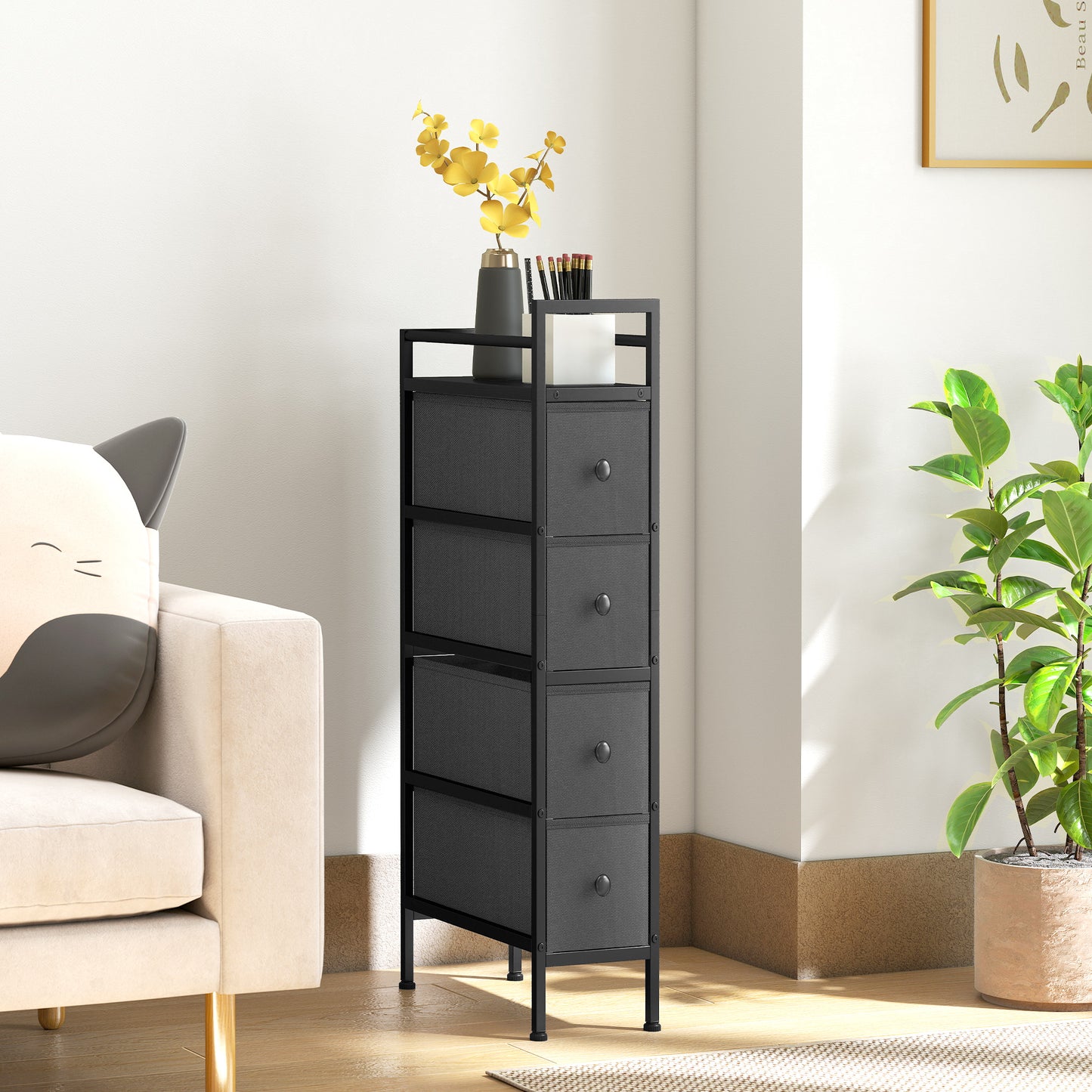 HOMCOM 4 Drawer Fabric Dresser Chest Slim Storage Cabinet With Steel Frame For Small Spaces Bedroom Black