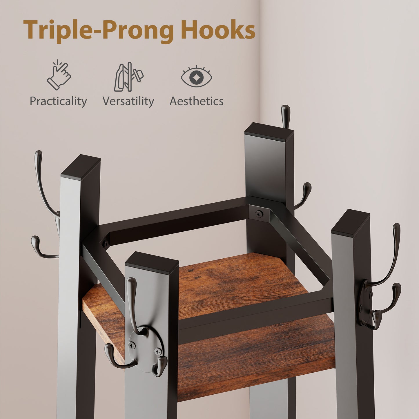 HOMCOM Industrial Style Four Shelf Coat Stand with Eight Hooks for Entryway Organization Brown and Black