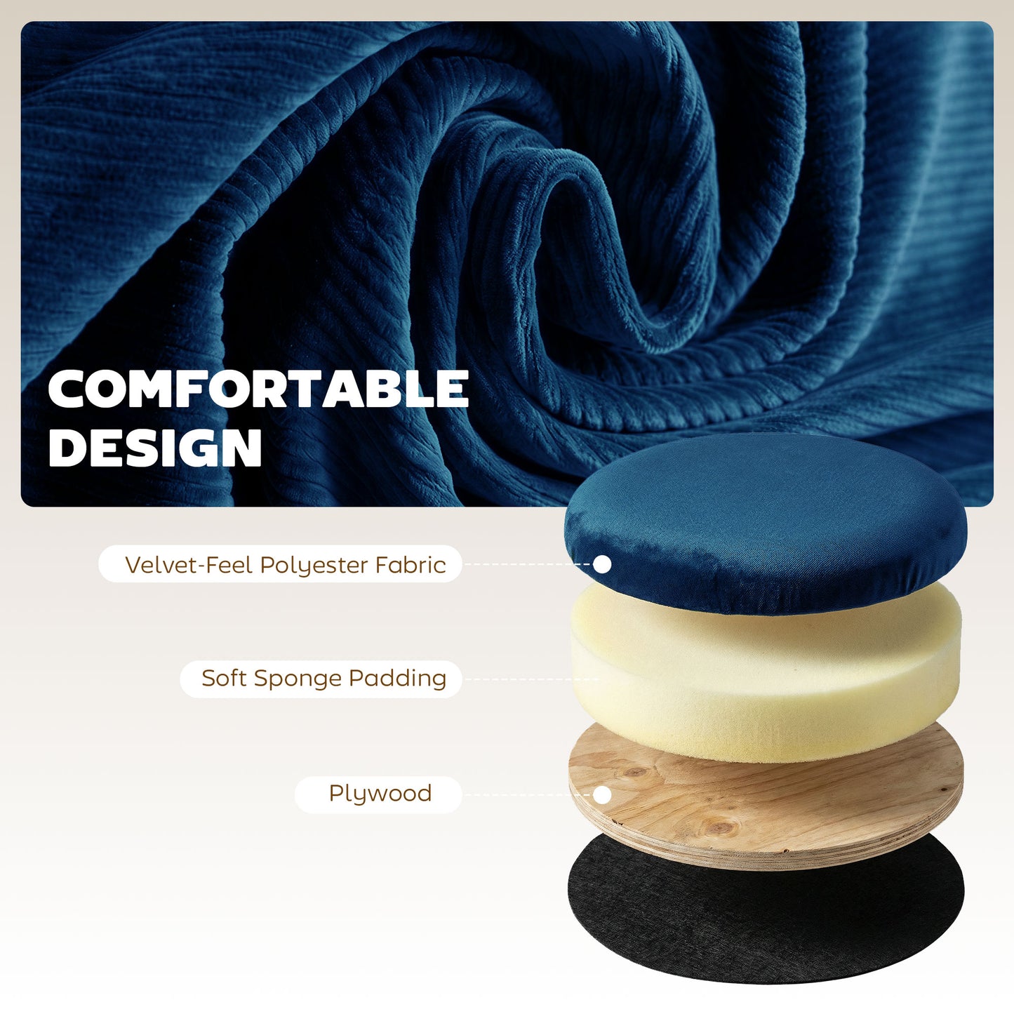 HOMCOM Velvet Round Storage Ottoman Footstool 45 cm Blue With Hidden 39.2 L Storage For Living Room Or Bedroom