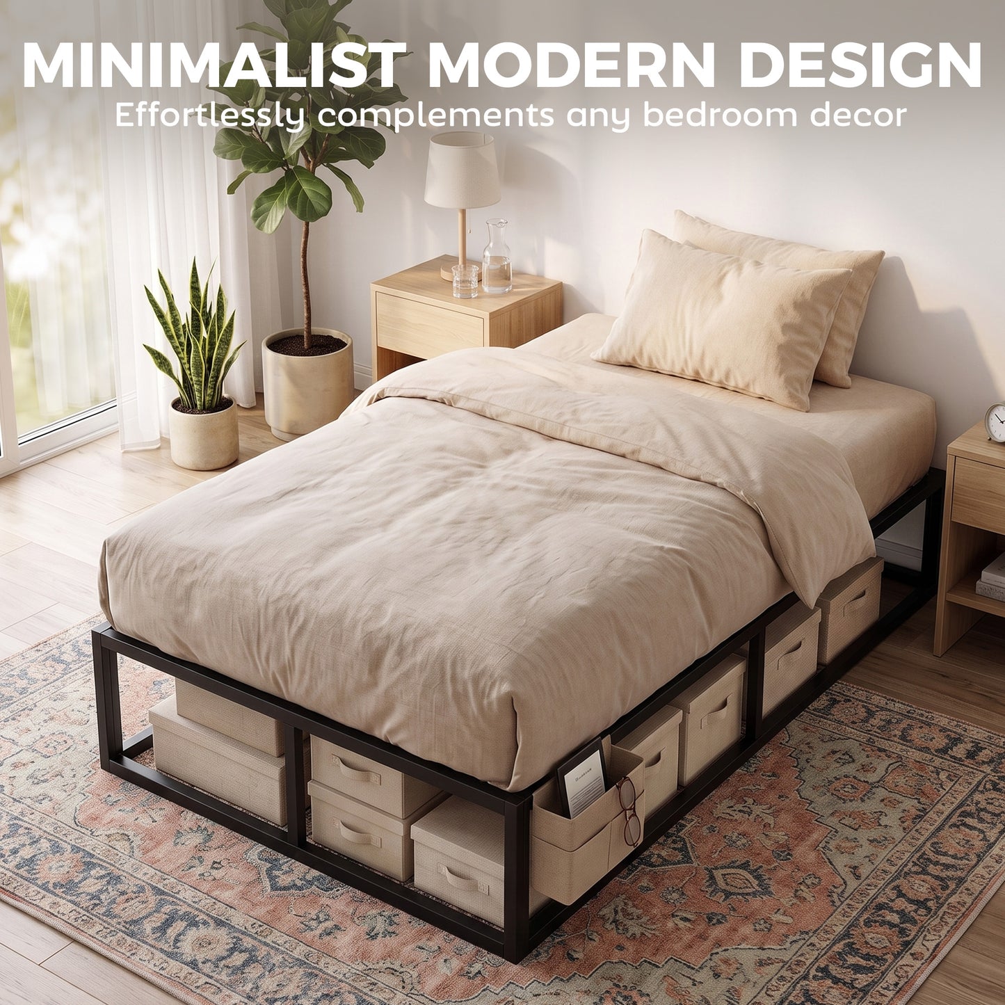 HOMCOM Black Metal Platform Bed Frame With 12 Slats And Storage Bag