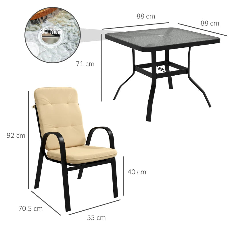 Outsunny 5-Piece Outdoor Square Garden Dining Set with Tempered Glass Dining Table, 4 Cushioned Armchairs, Umbrella Hole - Beige | Stylish Patio Furniture Ensemble for Al Fresco Dining - ALL4U RETAILER LTD