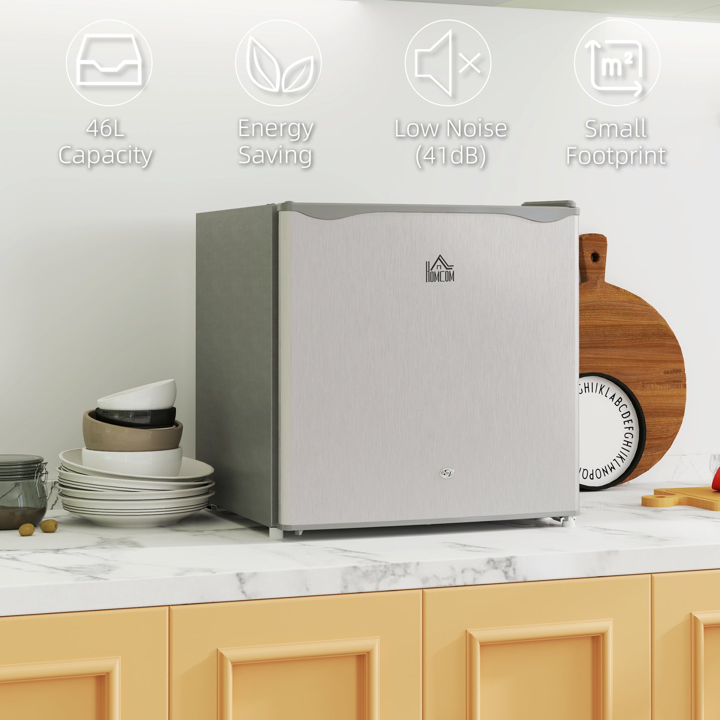 HOMCOM 46 Litre Lockable Countertop Fridge Grey 46L Compact Kitchen Mini Fridge With Lock and Keys
