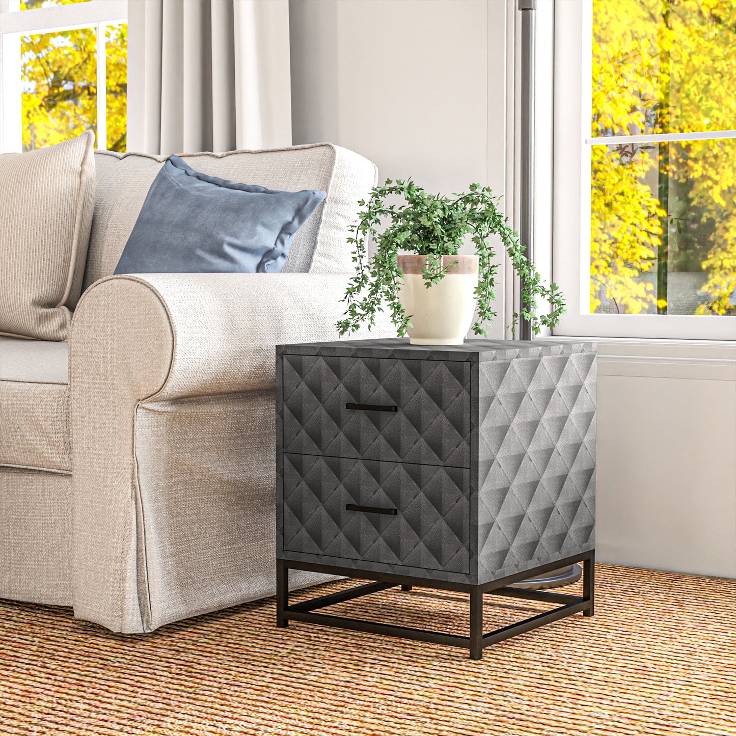 HOMCOM Bedside Tables Set Of 2 With 2 Drawers Modern Nightstands Grey Steel Legs Diamond Pattern Veneer End Tables