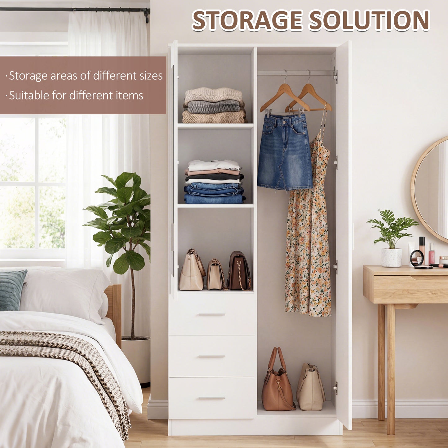 HOMCOM Two Door Three Drawer Mirrored Wardrobe With Hanging Rail And Adjustable Shelves White 80 Cm By 50 Cm By 180 Cm