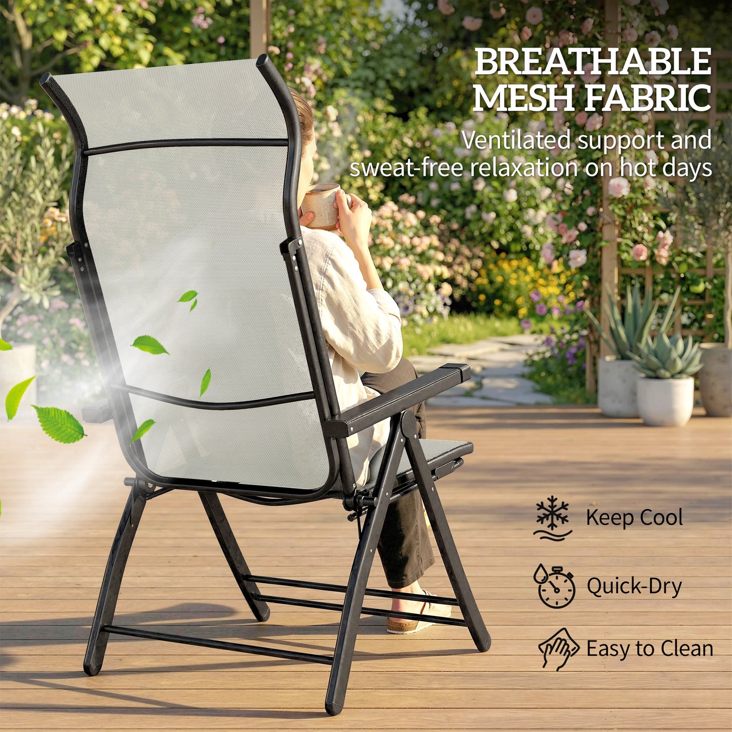 Outsunny Reclining Garden Chairs 2 Pack 5 Position Folding Sun Loungers With High Back Retractable Footrest Light Grey