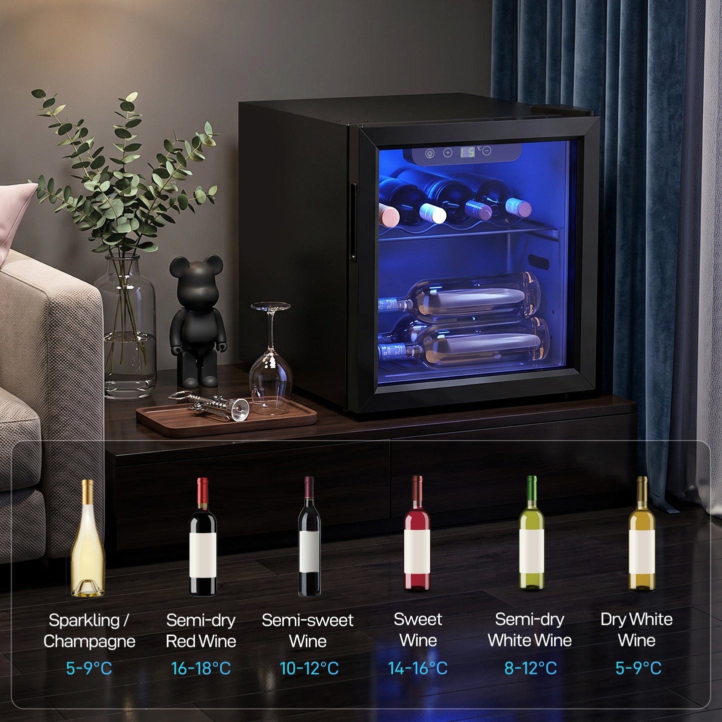 Homcom 12 Bottle Wine Cooler 36 Litre Capacity Under Counter Glass Door LED Light Black