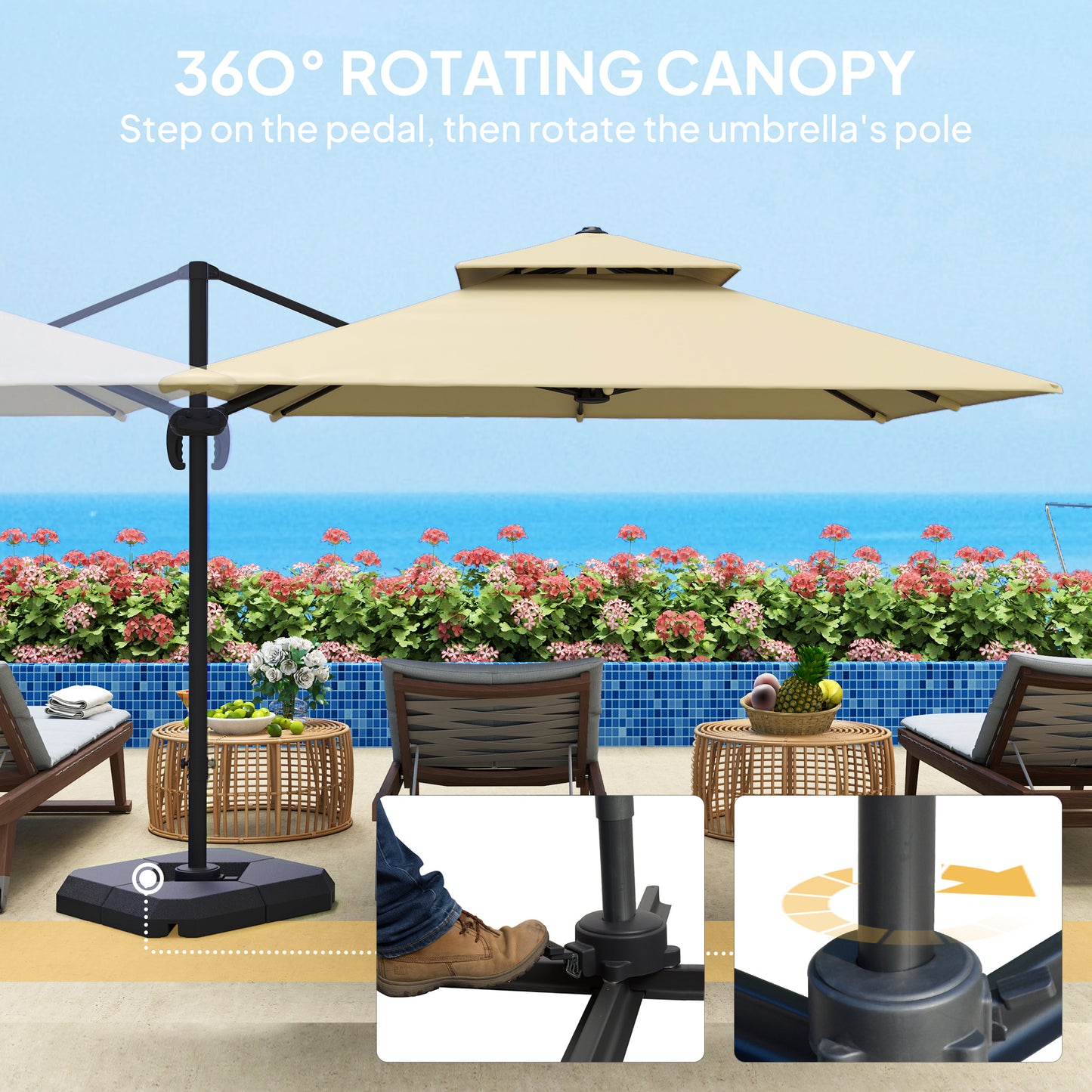 Outsunny 2.7m Cantilever Parasol Aluminium Frame Crank Tilt 360 Rotation Garden Umbrella With Base And Cover Khaki