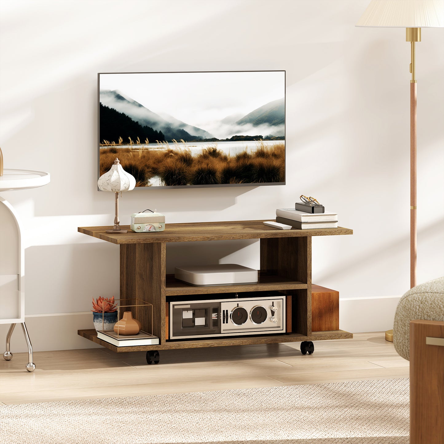HOMCOM Modern TV Cabinet Stand With Storage Shelves Mobile Bookcase Walnut Casters