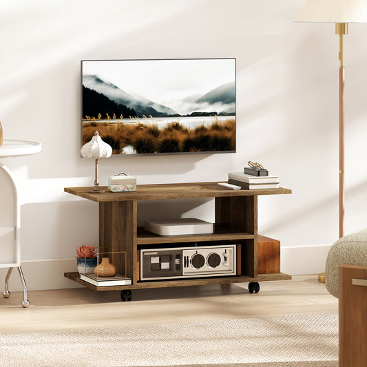 HOMCOM Modern TV Cabinet Stand With Storage Shelves Mobile Bookcase Walnut Casters