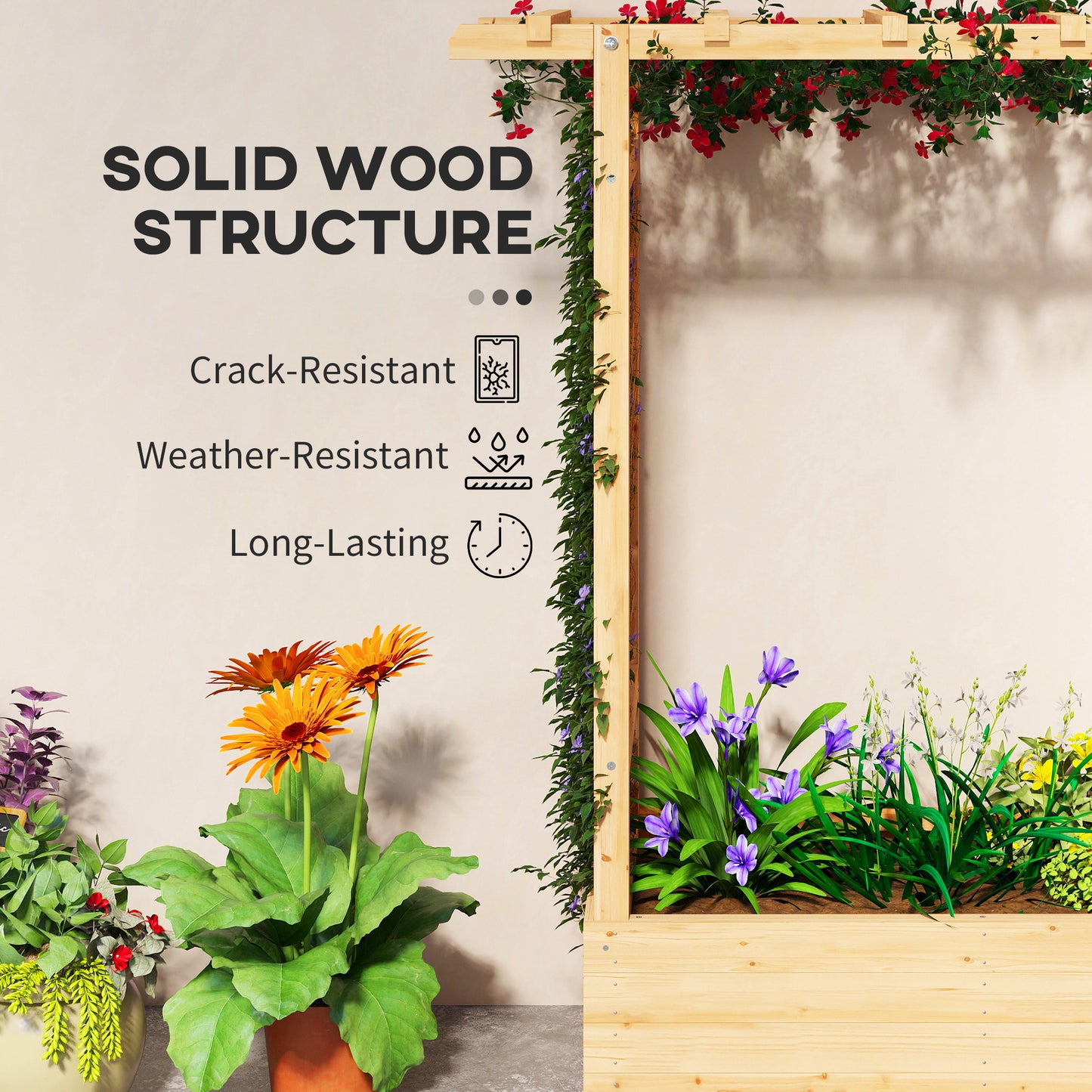 Outsunny Wooden Garden Planter With Trellis Raised Bed Box For Vegetables Herbs And Flowers 110 x 44 x 113 cm Natural