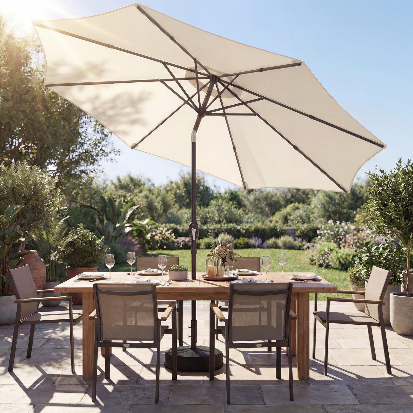 Outsunny 2.7m Garden Parasol Umbrella With Cross Base And Sandbag Retractable Ribs Market Table Umbrella Cream White