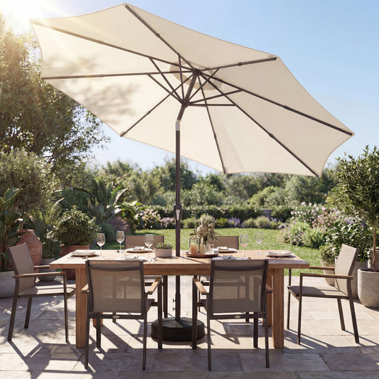 Outsunny 2.7m Garden Parasol Umbrella With Cross Base And Sandbag Retractable Ribs Market Table Umbrella Cream White