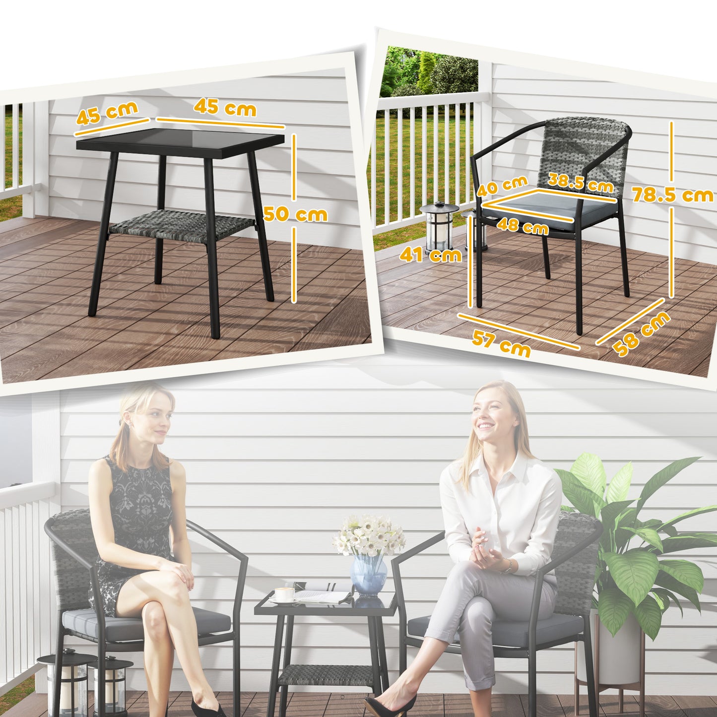Outsunny 3 Piece Rattan Bistro Set With Cushions Glass Top Coffee Table And Chairs For Outdoor Patio Terrace Grey
