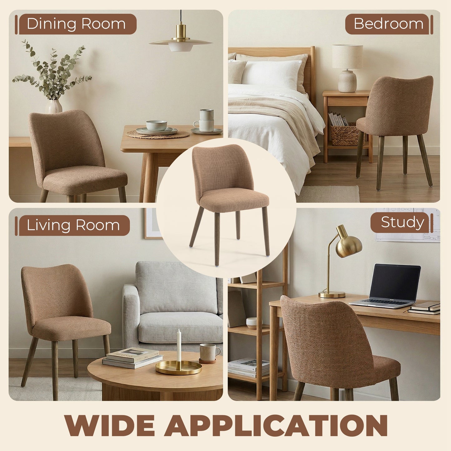 HOMCOM Dining Chairs Set of 2 Linen Upholstered Kitchen Chairs Padded Seat Curved Backrest Rubberwood Legs Brown