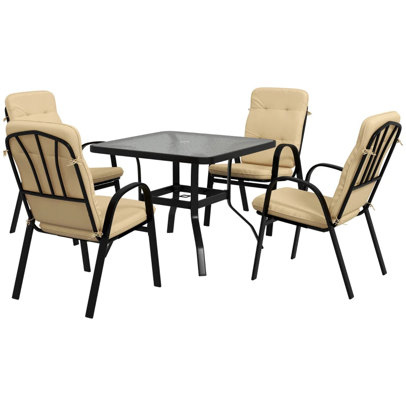 Outsunny 5-Piece Outdoor Square Garden Dining Set with Tempered Glass Dining Table, 4 Cushioned Armchairs, Umbrella Hole - Beige | Stylish Patio Furniture Ensemble for Al Fresco Dining - ALL4U RETAILER LTD